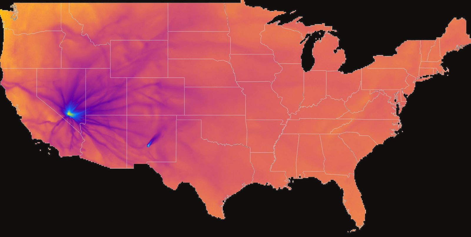 Map of cumulative fallout deposition across the United States from atmospheric nuclear tests, 1945–1962 (Fig. 5 of the paper)